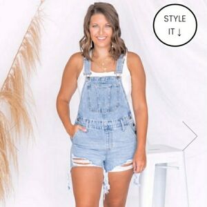 PINK LILY TIMELESS SMILE DISTRESSED OVERALL SHORTS